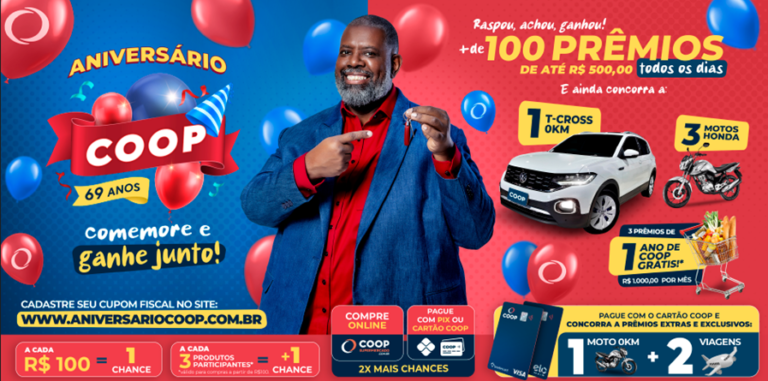COOP realiza Campanha de Aniversário – Carro, moto e vales-compra estão entre os prêmios